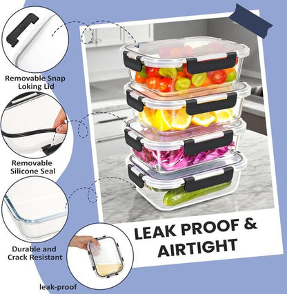 HOTEC 35oz Glass Food Storage Containers - Airtight & Versatile for Microwave, Oven, Freezer | 4-Pack