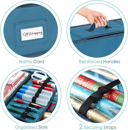 Hearth & Harbor Wrapping Paper Storage Container - Christmas Gift Wrap Organizer with Ribbon Dispenser | Holds 26 Rolls, Blue