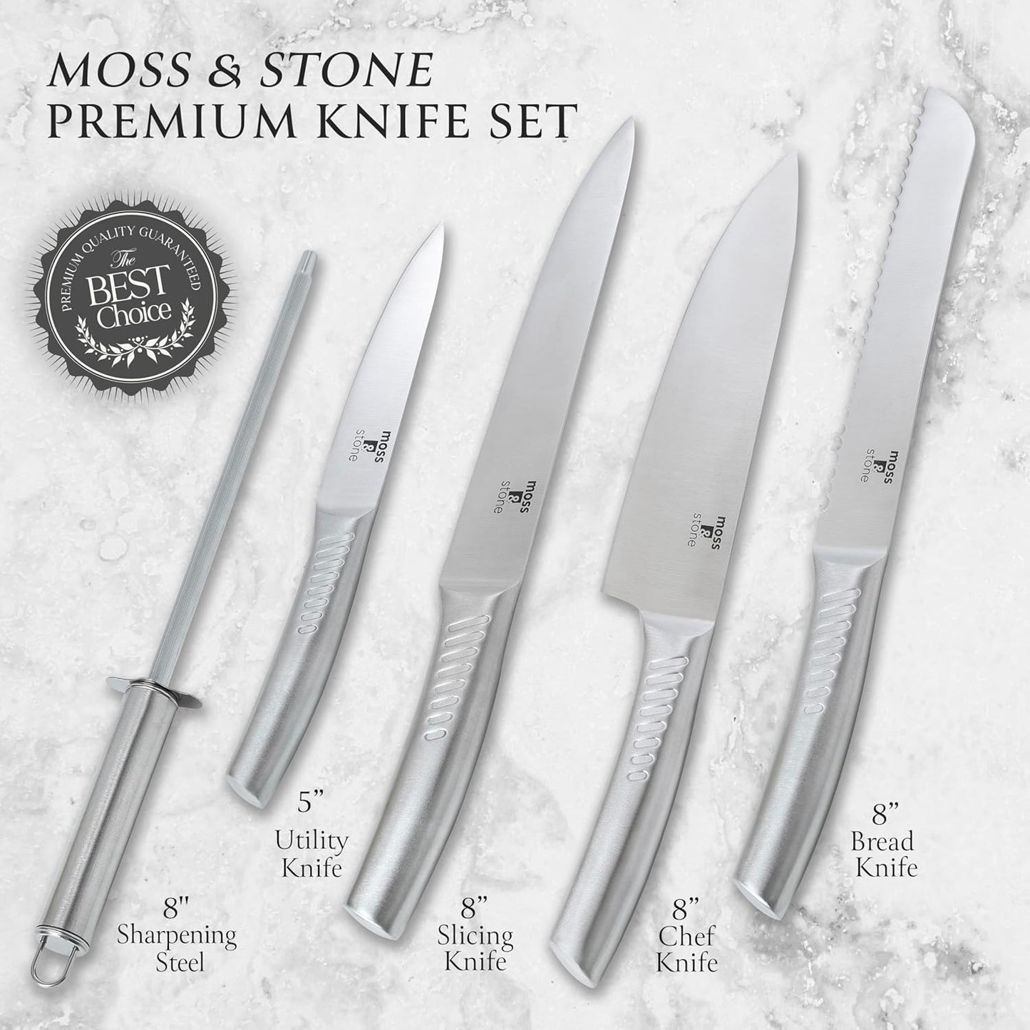 Moss & Stone Professional Kitchen Knife Set - 6-Piece Stainless Steel Chef Knives with Block | Scratch Resistant & Rust Proof