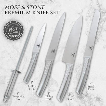 Moss & Stone Professional Kitchen Knife Set - 6-Piece Stainless Steel Chef Knives with Block | Scratch Resistant & Rust Proof