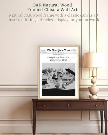 iHery Framed Newspaper Wall Art - "Everything You Can Imagine Is Real" | Natural Oak Wood 12x16in Canvas Decor for Bedroom & Living Room