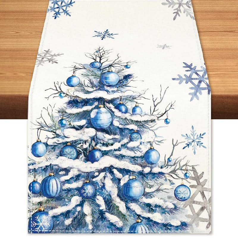 Winter Trees Table Runner 13x108 Inches with Frosty Roses & Christmas Trees – Burlap Style, Seasonal Decor (Variation: Winter Snowflakes Pine Tree 13x108)