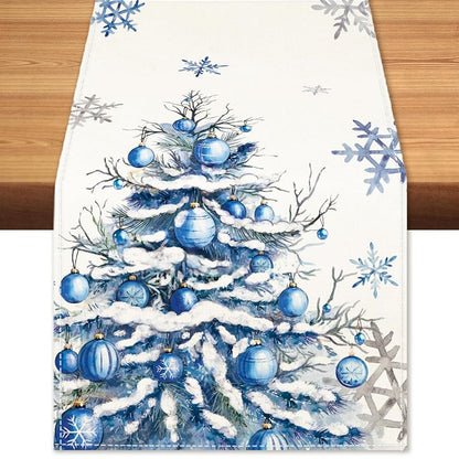 Winter Trees Table Runner 13x108 Inches with Frosty Roses & Christmas Trees – Burlap Style, Seasonal Decor (Variation: Winter Snowflakes Pine Tree 13x108)