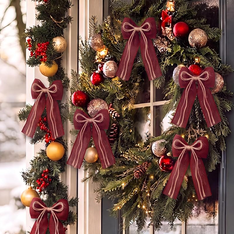 12 Pcs Burgundy Burlap Xmas Bows 5x7 in - Rustic Christmas Tree Decor