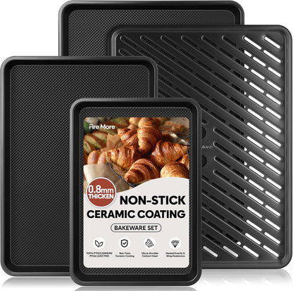 Skiennix Nonstick Cookie Sheets - Heavy Duty Baking Set with Cooling Rack | Set of 4, 0.8mm Thickness