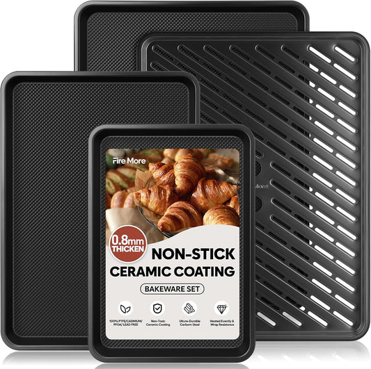 Skiennix Nonstick Cookie Sheets - Heavy Duty Baking Set with Cooling Rack | Set of 4, 0.8mm Thickness