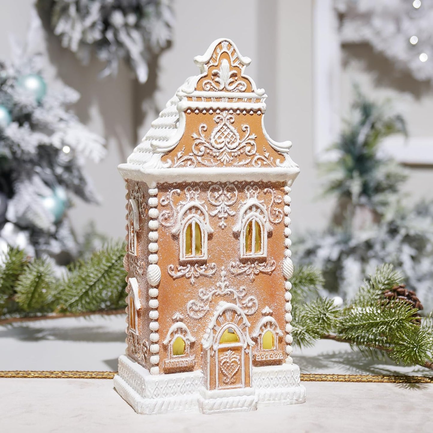 Braxio Gingerbread House Decoration with LED Light - Festive Indoor Holiday Decor, 6.5 x 5.5 x 13.5 Inch