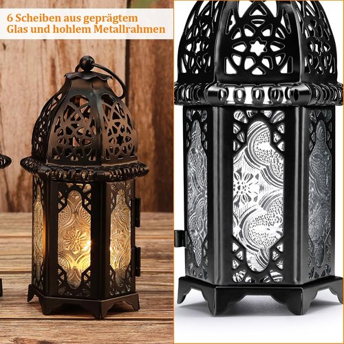 IMAGE Metal Candle Lantern - 6.7" Hanging Moroccan Birdcage Holder with Glass - Black for Home Decor