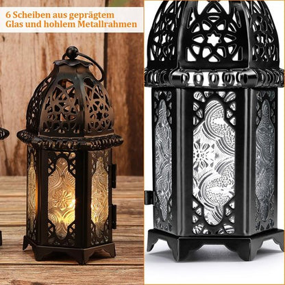 IMAGE Metal Candle Lantern - 6.7" Hanging Moroccan Birdcage Holder with Glass - Black for Home Decor
