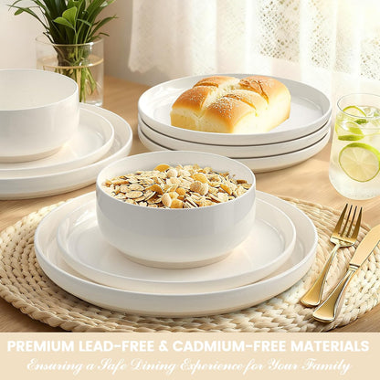 Skiennix Dinnerware Set - 12-Piece Scratch Resistant Plates & Bowls for 4 | Ceramic, Microwave & Dishwasher Safe, Cream White
