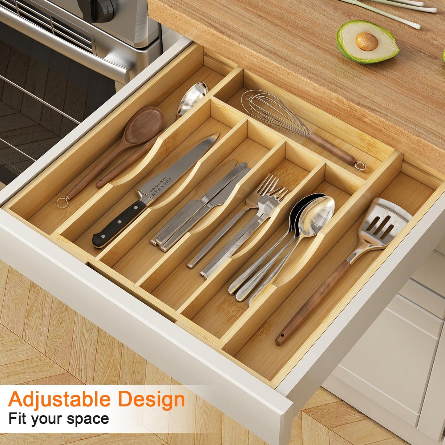 Youpehom Bamboo Utensil Organizer for Kitchen Drawers, Expandable Utensil Tray and Cutlery Silverware Holder,Wood Drawer Dividers with 7 Adjustable Slots