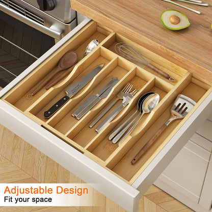 Youpehom Bamboo Utensil Organizer for Kitchen Drawers, Expandable Utensil Tray and Cutlery Silverware Holder,Wood Drawer Dividers with 7 Adjustable Slots