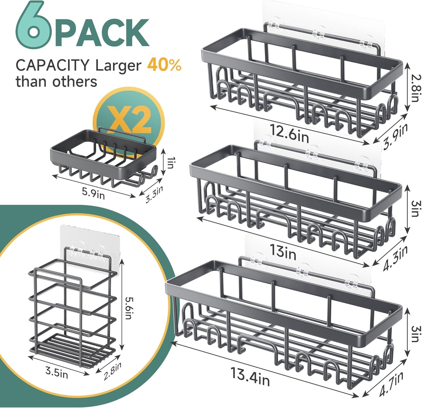 Veken Shower Caddy - Rustproof & Waterproof 6-Pack | No Drilling Adhesive Shelves, Large Capacity Storage, Dark Grey