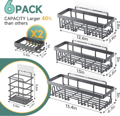 Veken Shower Caddy - Rustproof & Waterproof 6-Pack | No Drilling Adhesive Shelves, Large Capacity Storage, Dark Grey