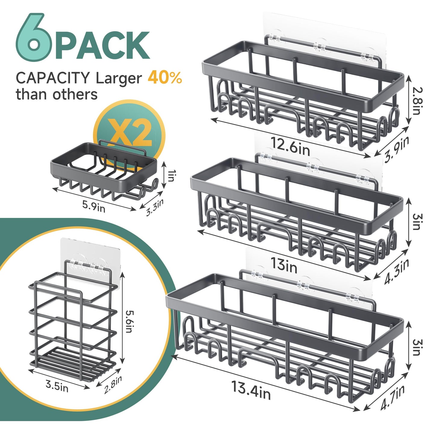 Veken Rustproof & Waterproof Shower Caddy 6-Pack, No Drilling Adhesive Shelves Rack with Soap Holder, Large Capacity Bathroom Organizers and Storage, Wall-Mounted Kitchen & Home Decor, Dark Grey