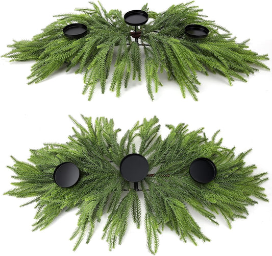 Norfolk Christmas Table Centerpiece - 3 Candle Holders | Pine Needle Holiday Decor for Dining Table