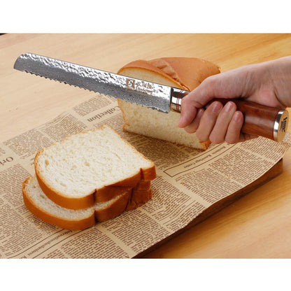 Sunlong Bread Knife 8 inch Sandwich Slicer Japanese Hammered Damascus Natural Bloodwood Handle