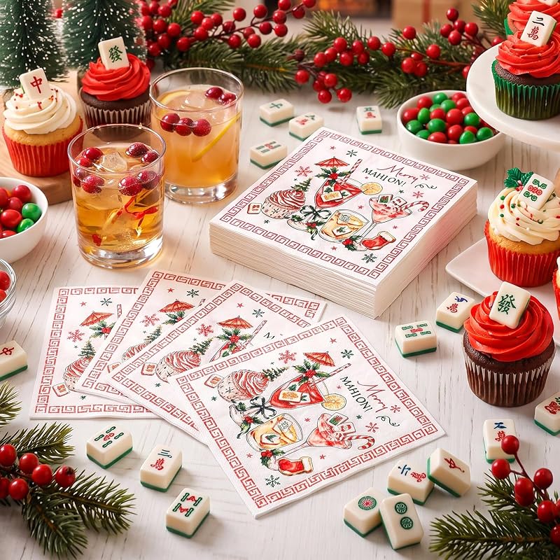 Merry Christmas Mahjong Napkins 50 Pk, 6.5 Inch - Variation: Christmas Mahjong
