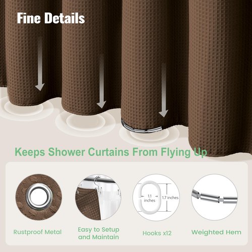 Dynamene Long Shower Curtain and Liner Set - 78 inch Tall Waffle Fabric, Waterproof Clear Liner, Heavy Duty Weighted Hotel Luxury Cloth Shower Curtains for Bathroom with 12 Hooks, 72x78, Brown