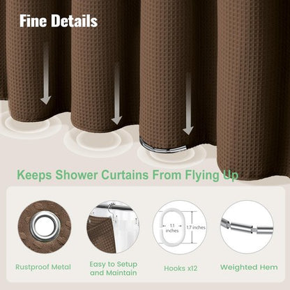 Dynamene Long Shower Curtain and Liner Set - 78 inch Tall Waffle Fabric, Waterproof Clear Liner, Heavy Duty Weighted Hotel Luxury Cloth Shower Curtains for Bathroom with 12 Hooks, 72x78, Brown
