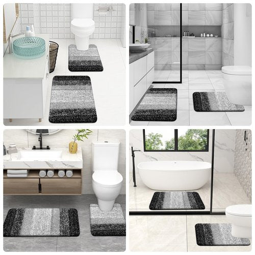 OLANLY Bathroom Rug Set 2 Piece, Soft Absorbent Microfiber Bath Mats and U-Shaped Contour Toilet Rug, Non-Slip, Machine Wash Dry, Plush Shaggy Bath Mats for Bathroom (24"x16"+24"x20", Black)