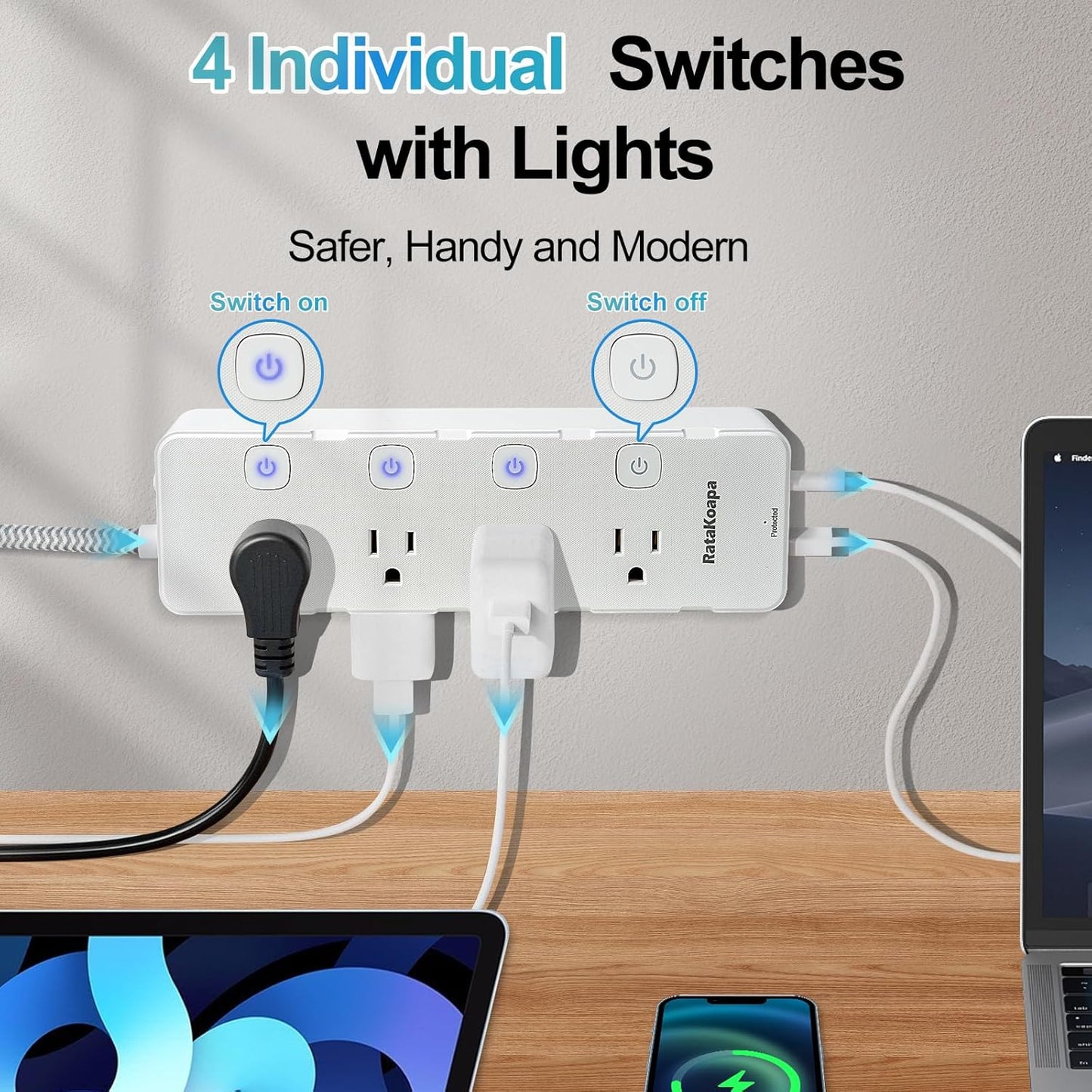 Skiennix 10 Ft Surge Protector Power Strip - 8 AC Outlets & 4 USB Ports | Flat Plug with Individual Switches for Home & Office