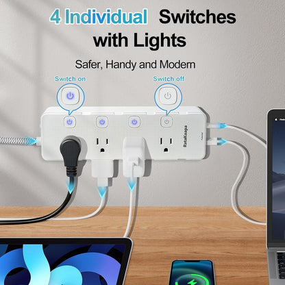 Skiennix 10 Ft Surge Protector Power Strip - 8 AC Outlets & 4 USB Ports | Flat Plug with Individual Switches for Home & Office