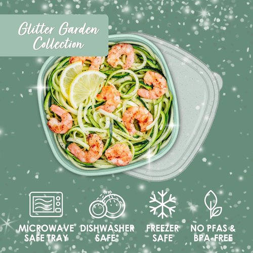 Bentgo Prep - Reusable 1-Compartment Meal Prep Bowls with Custom Fit Lids - 10 Bowls & Lids, Sage Leaf Glitter