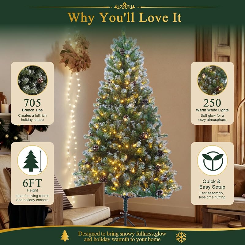 6ft Pre-Lit Artificial Christmas Tree with 250 Warm White Lights, 705 Snow-Dusted Tips & 51 Pine Cones