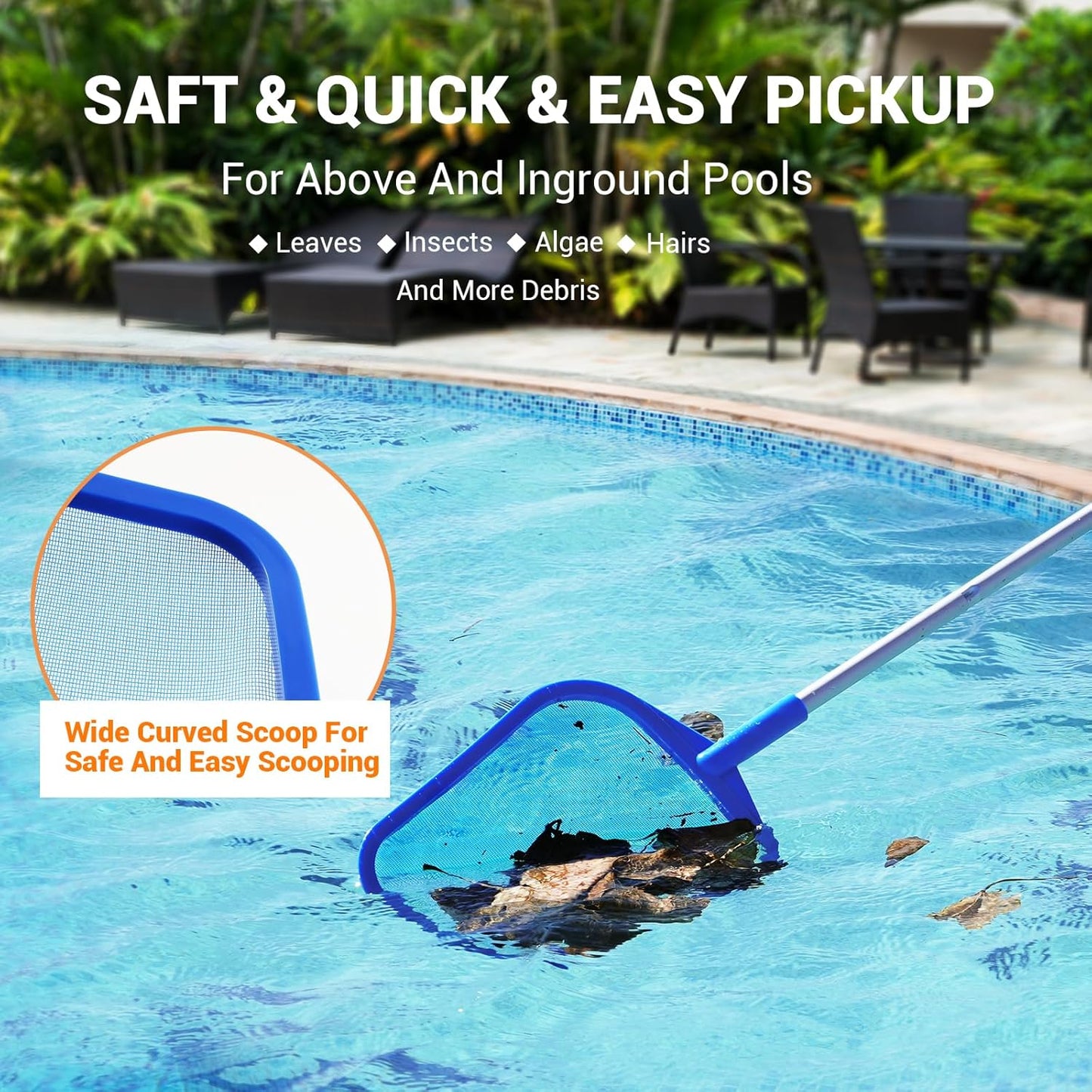 Pool Skimmer | Adjustable Telescopic Aluminum Pole (23''-60'') - Ultra Fine Mesh Net for Pools & Spas