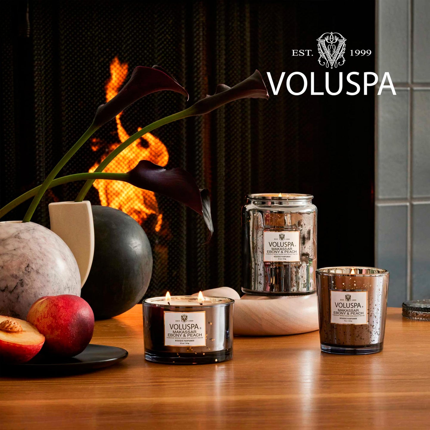 Voluspa Makassar Ebony & Peach, Corta Maison Boxed Candle, 11 oz, 45 Hour Burn Time, Coconut Wax for Clean Burning, Handcrafted in The USA