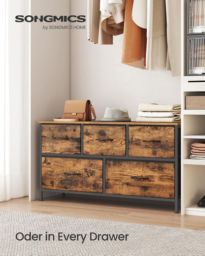 SONGMICS Dresser - 5-Drawer Storage Organizer Unit in Rustic Brown & Ink Black | Steel & MDF Construction