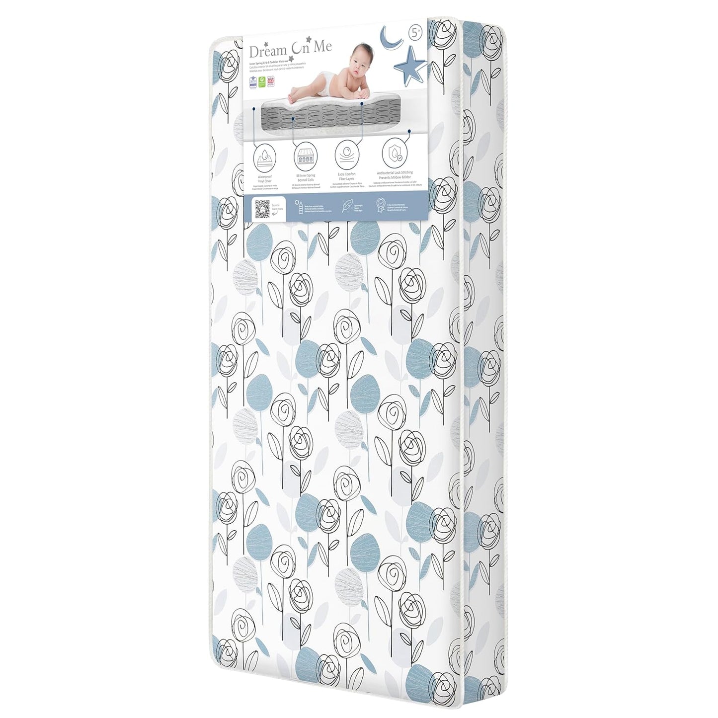Dream On Me Nap Nest Crib & Toddler Mattress - Dual-Sided Waterproof 5” Mattress with 88 Coils, GREENGUARD Gold Certified - Teal Flowers