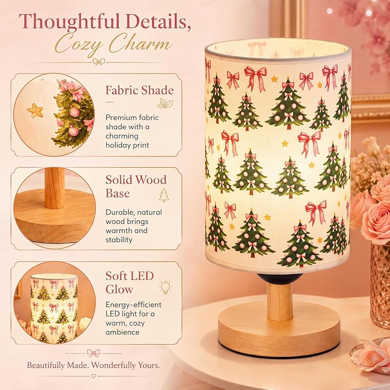 Christmas Table Lamp with Fabric Lampshade - Coquette Tree Pattern