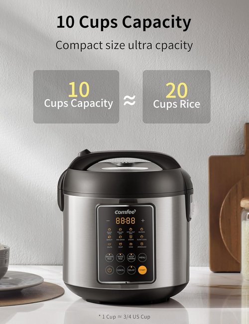 COMFEE' Rice Cooker - 14-in-1 Stainless Steel Multi Cooker | 5.3 QT Capacity for Brown Rice, Quinoa & Oatmeal