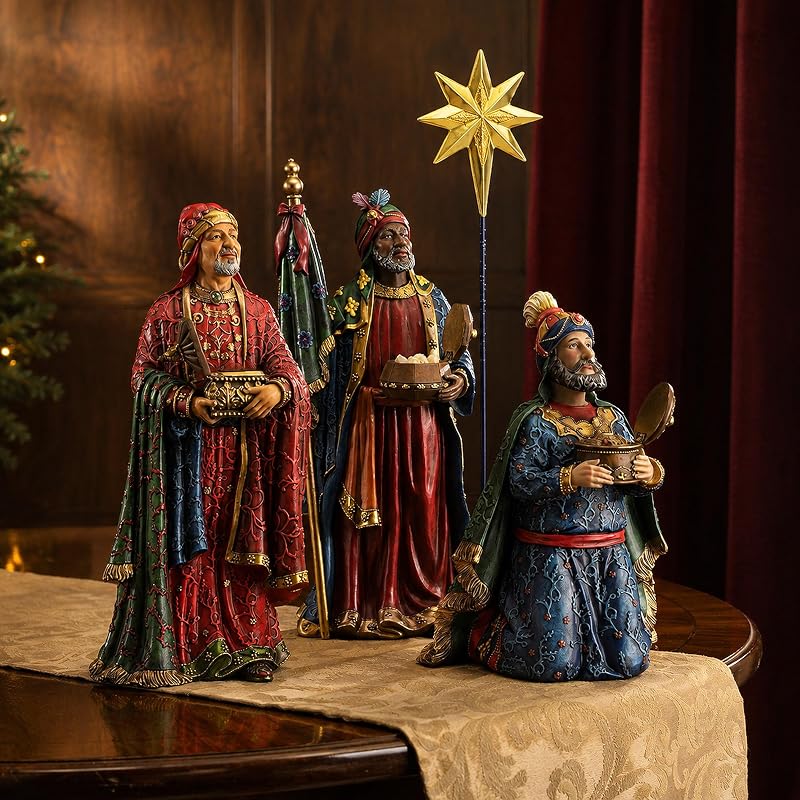 10-Inch Nativity Set 4-Piece Magi Figures with Star – Polystone, Hand Painted, Flat Bottom Base