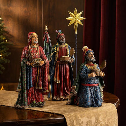 10-Inch Nativity Set 4-Piece Magi Figures with Star – Polystone, Hand Painted, Flat Bottom Base
