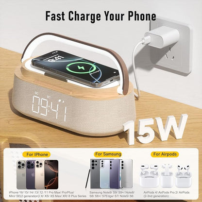 Wood Variation 6-in-1 Alarm Clock with Bluetooth Speaker, Wireless Charger, FM Radio, Night Light