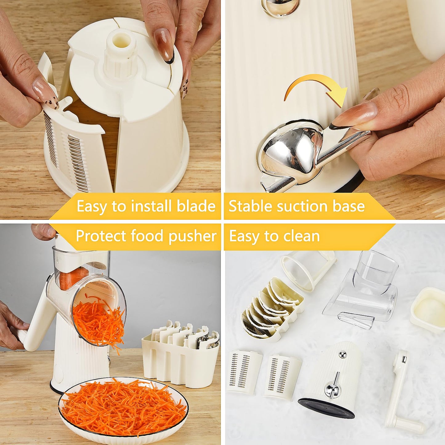 PDAENLKY Rotary Cheese Grater with Handle, 5-in-1 Cheese Grater Hand Crank, Strong Suction Base, White