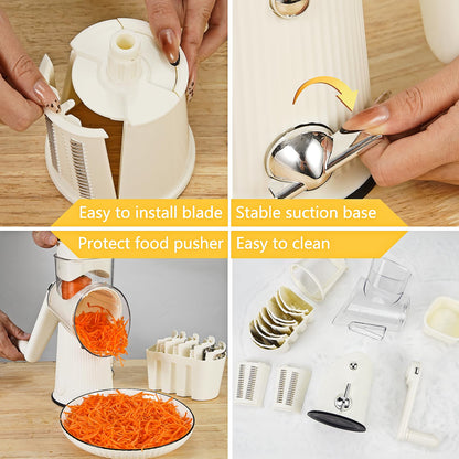 PDAENLKY Rotary Cheese Grater with Handle, 5-in-1 Cheese Grater Hand Crank, Strong Suction Base, White