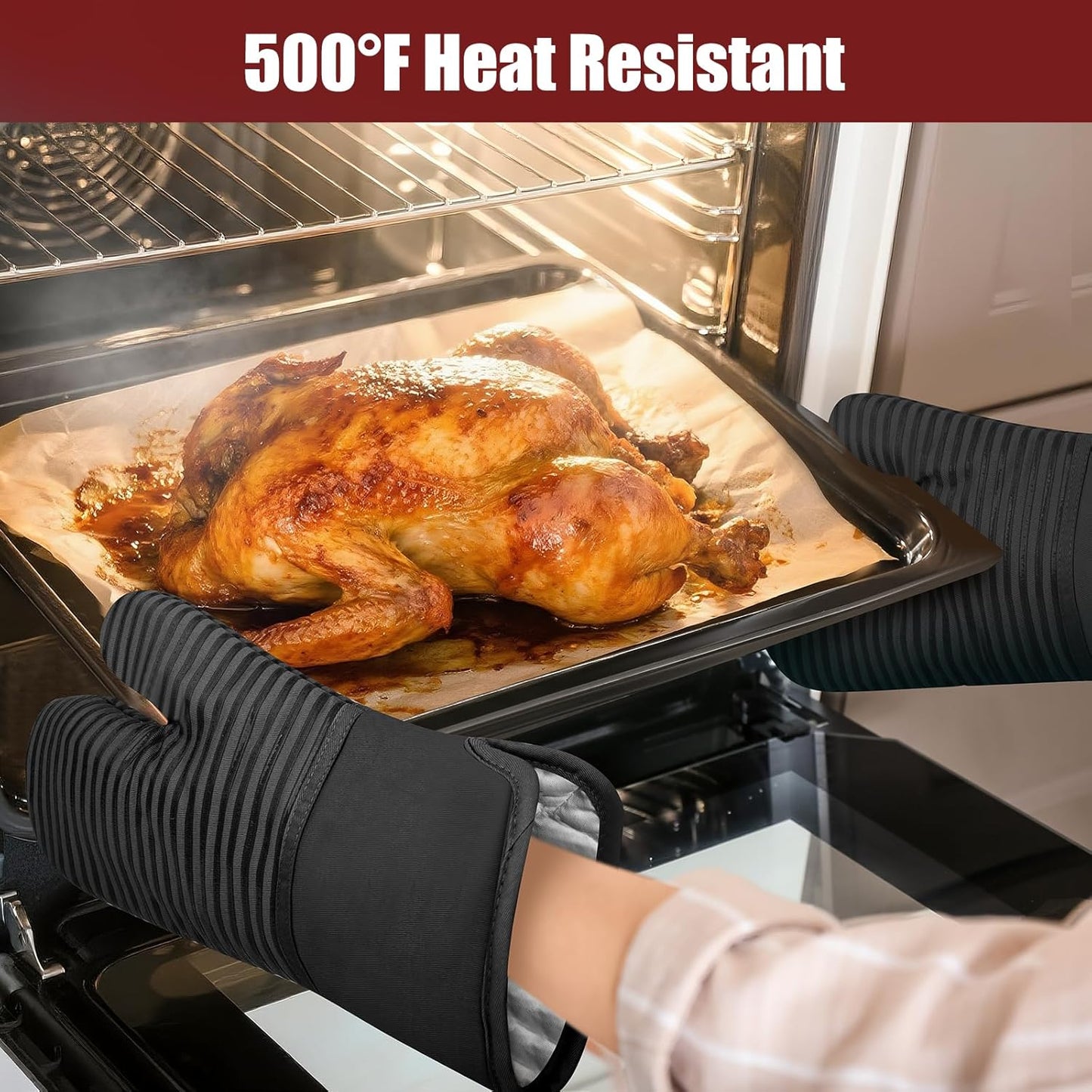 Skiennix Oven Mitts and Pot Holder Set - 500°F Heat Resistant Silicone Grip | 6-Pack Black Cotton Kitchen Essentials