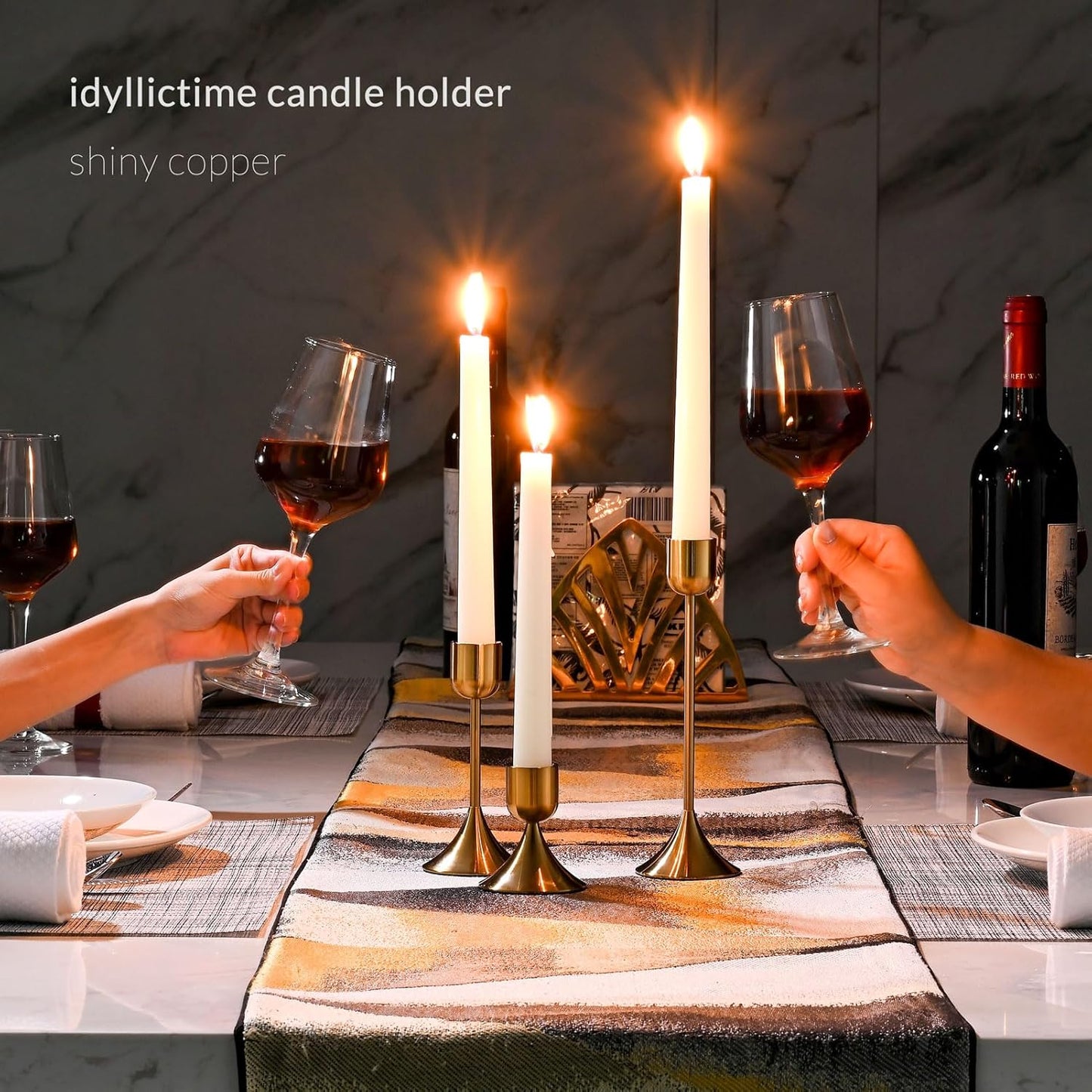 Skiennix Candle Holder - Heavy Base for Elegant Room Décor | Shiny Copper, Set of 3 Pcs
