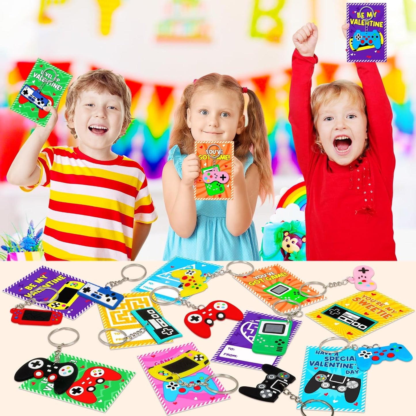 Skiennix Valentine's Day Cards - 30pcs Kids Video Game Keychains | Perfect Classroom Exchange Gifts