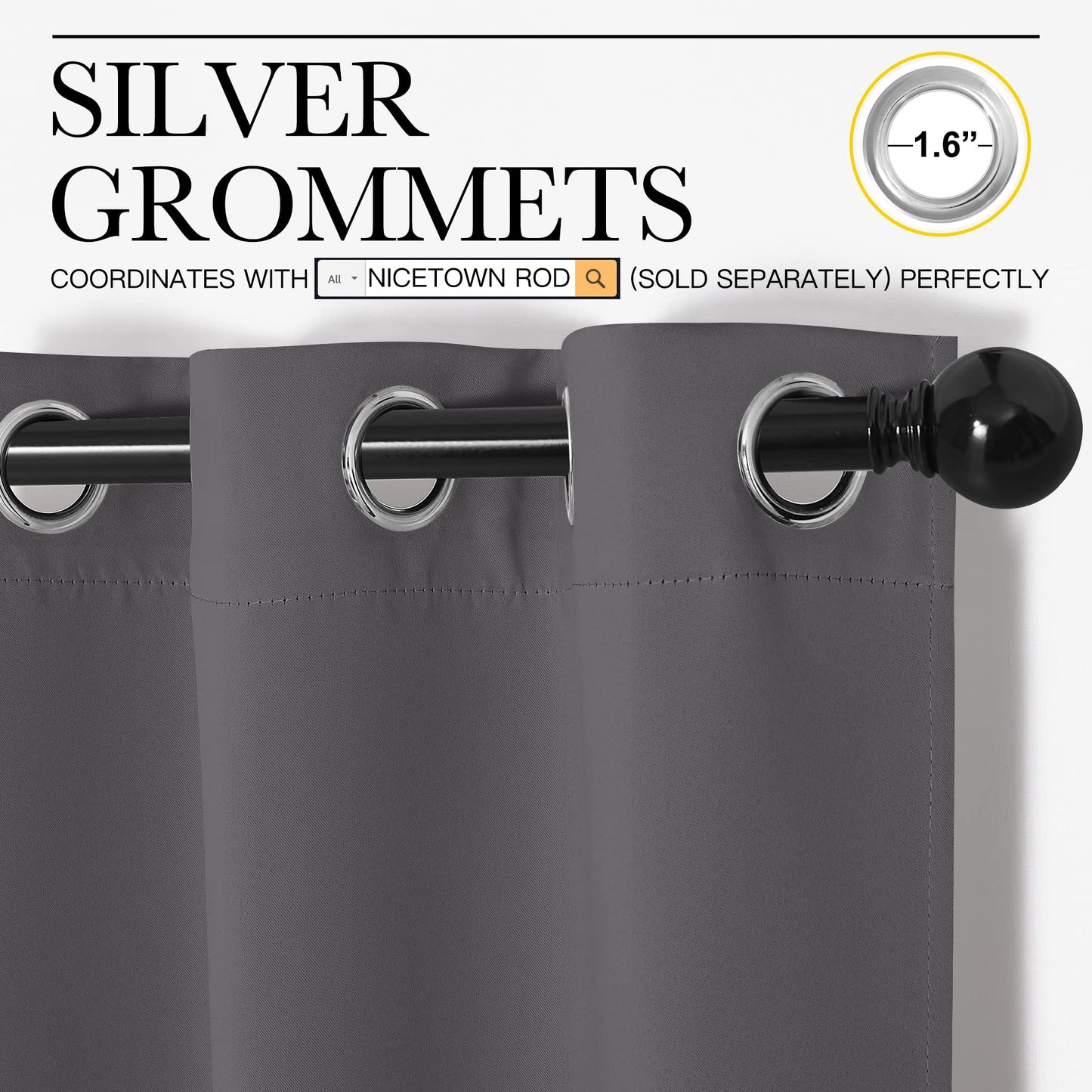 NICETOWN Grey Blackout Curtain Panels for Bedroom, 2 Panels, W55 x L57-inch, Grey, Thermal Insulated Grommet Top Blackout Draperies and Drapes for Basement
