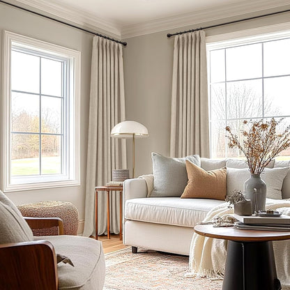 Skiennix 100% Blackout Curtains - Faux Linen Pinch Pleated Drapes, 84" Long | Oatmeal, 2 Panels Set