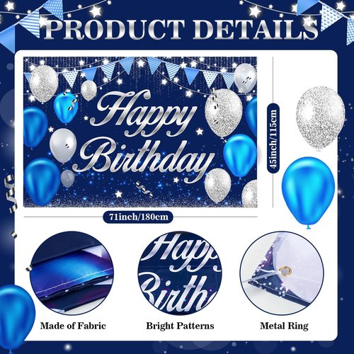 Happy Birthday Banner - Blue & Silver Party Decorations for Men, Women, Boys & Girls