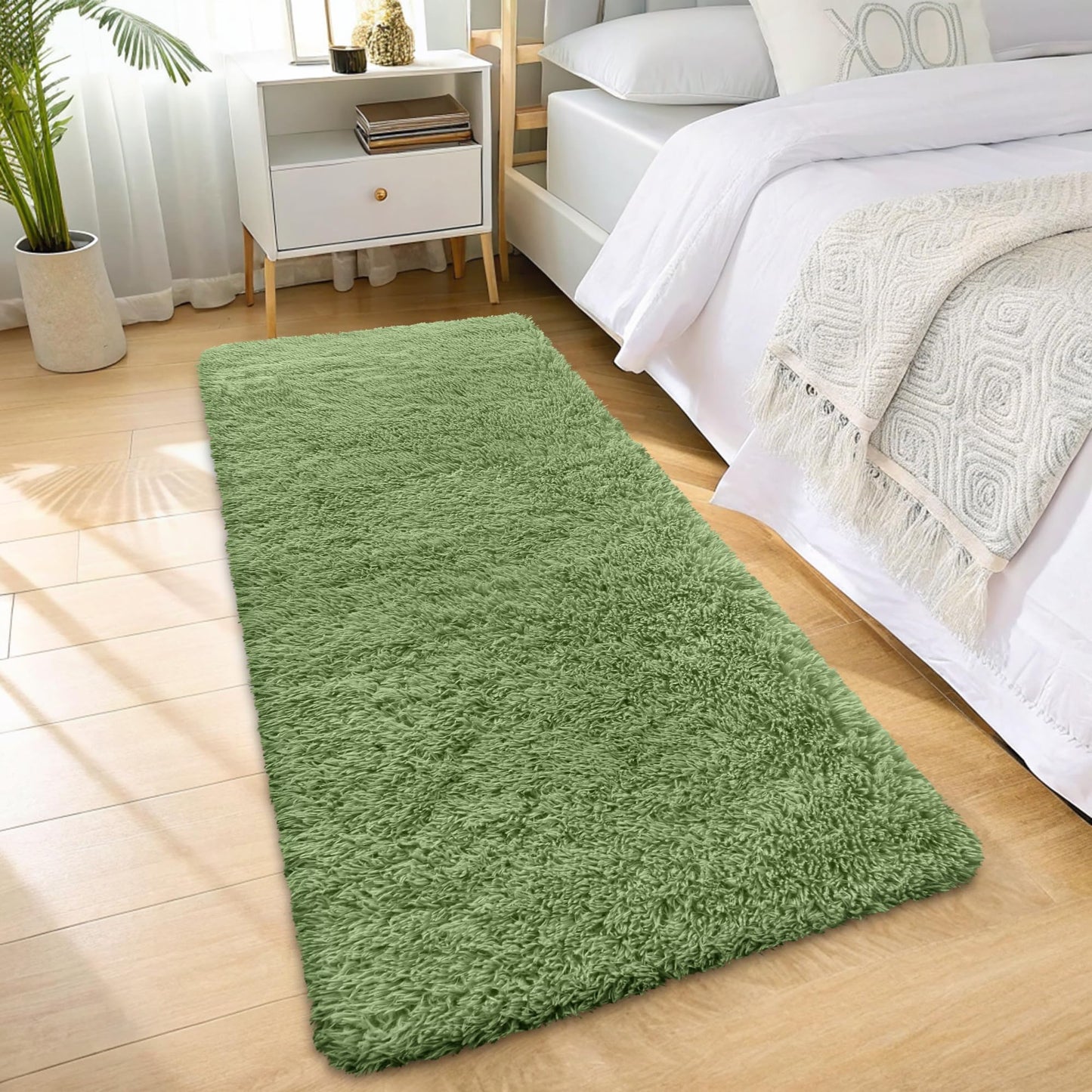 OLANLY 2x8 Machine Washable Runner Rugs for Hallway, Soft Fluffy Shaggy Bedside Rugs for Bedroom, Living Room, Indoor Floor Carpet for Kids Girls and Boys, Home Decor Aesthetic, Green