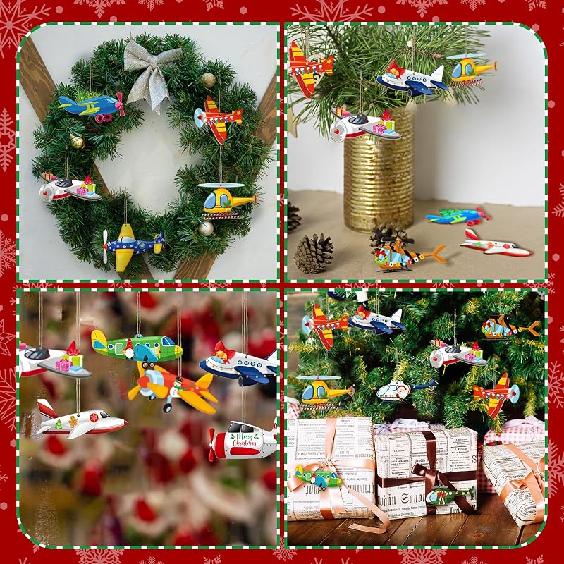 Airplane Christmas Ornaments 36 Pcs Wooden Flight Themed Set - 18 Styles, 3.94in