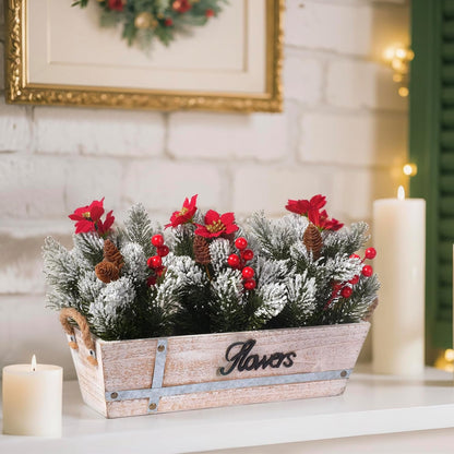 Skiennix Artificial Christmas Centerpiece - Snowy Norfolk Pine Garland with Poinsettias & Berries | Rustic Wood Planter for Holiday Home Decor