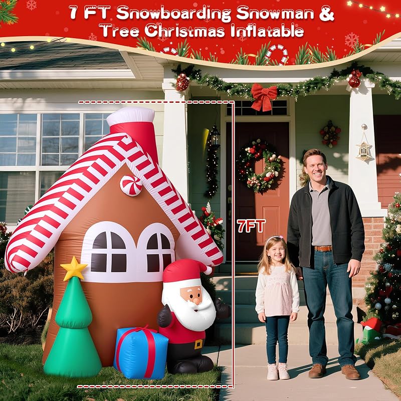 7 Ft Christmas Inflatable Candy House with Santa, Tree & Gift Box – Built-in LED Lights